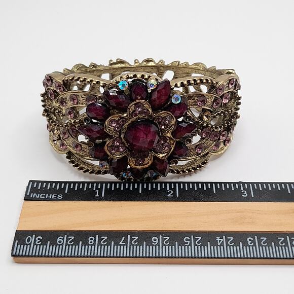 Purple Pink Rhinestone Hinged Bracelet, Victorian Style, 6 1/2 Inches - Picture 9 of 14